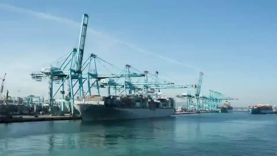 Cranes working over a cargo ship at the dock.