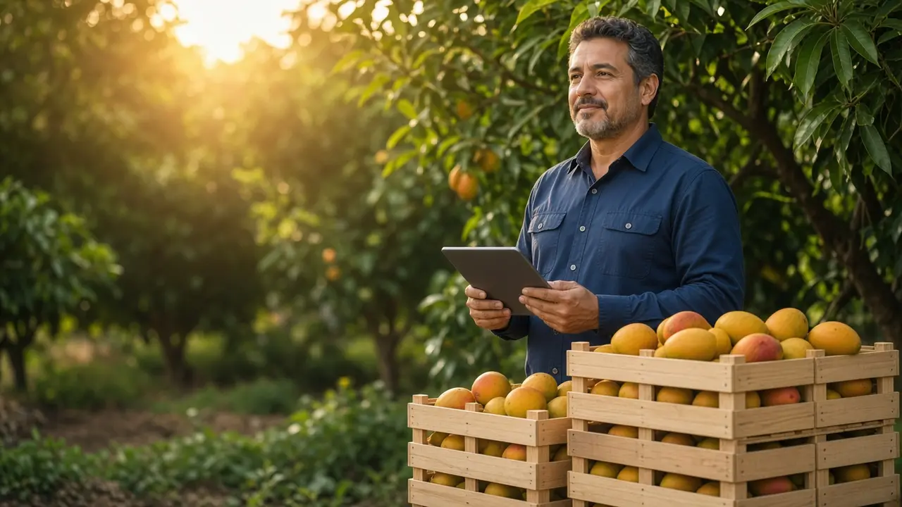 A grower with a tablet beside wooden crates of mangoes in an orchard.