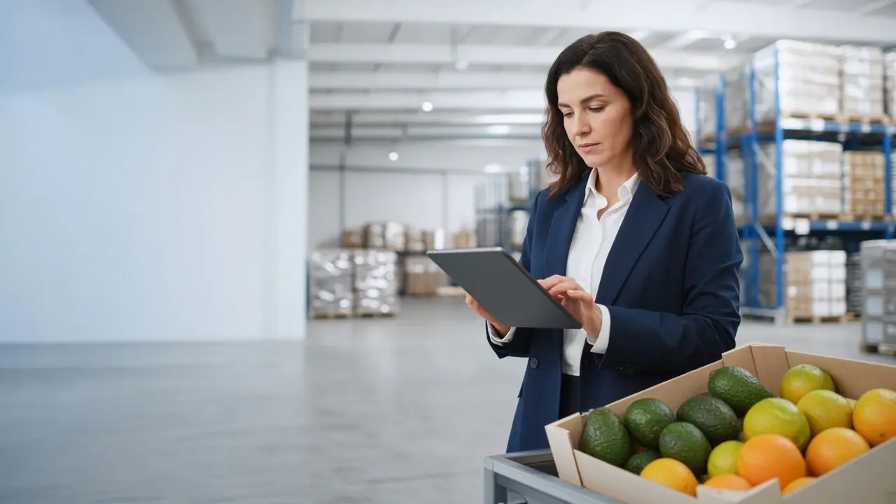 A buyer checking a tablet beside a carton of avocados and citrus in a distribution centre.