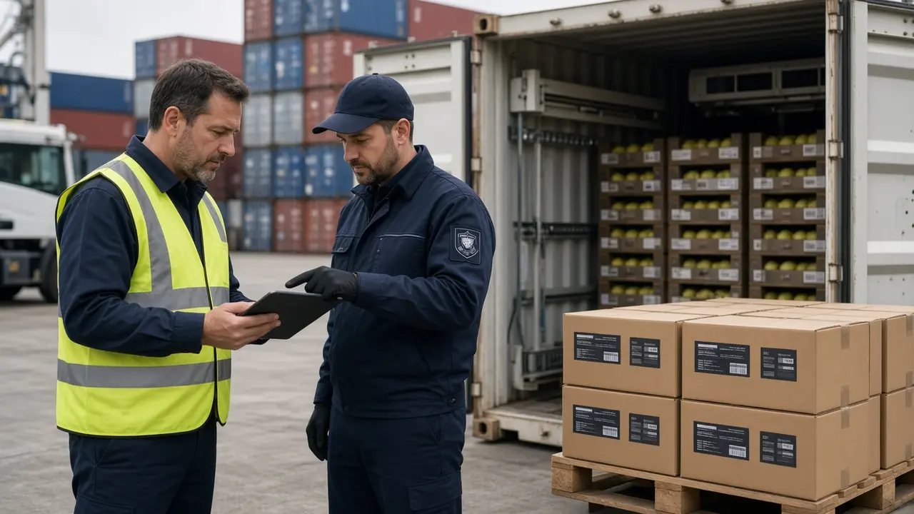 Two officers checking a tablet beside an open refrigerated container and labelled cartons.