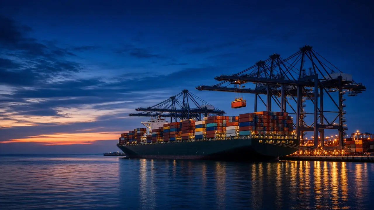 A container ship at a port at blue hour, with cranes lifting a container.